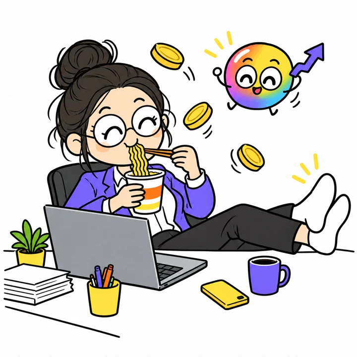 Ассистент ест лапшу и спокойно ведёт рекламу